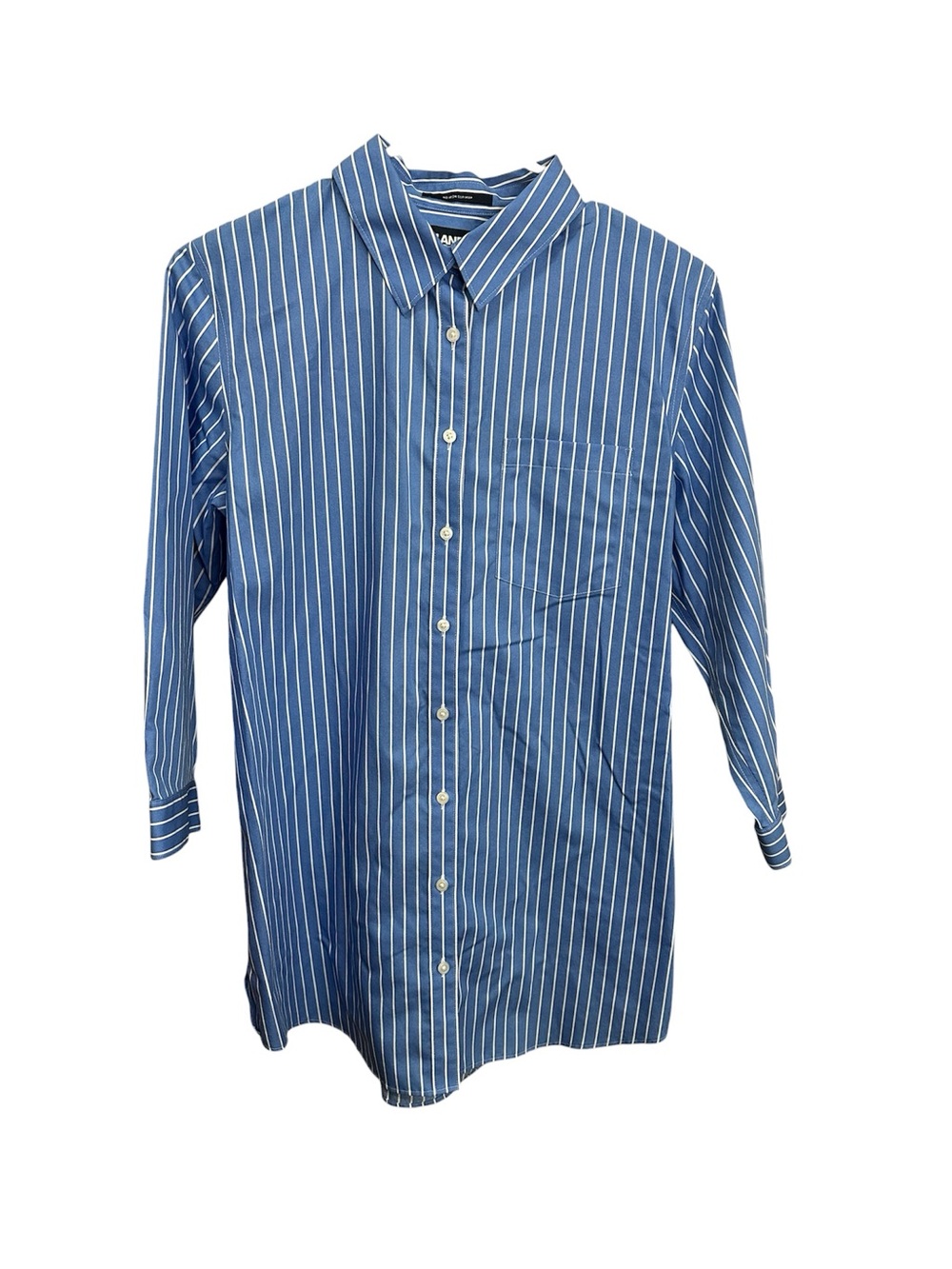 Lands’ End No Iron Supima Blue And White Striped Button Down Shirt Size 8